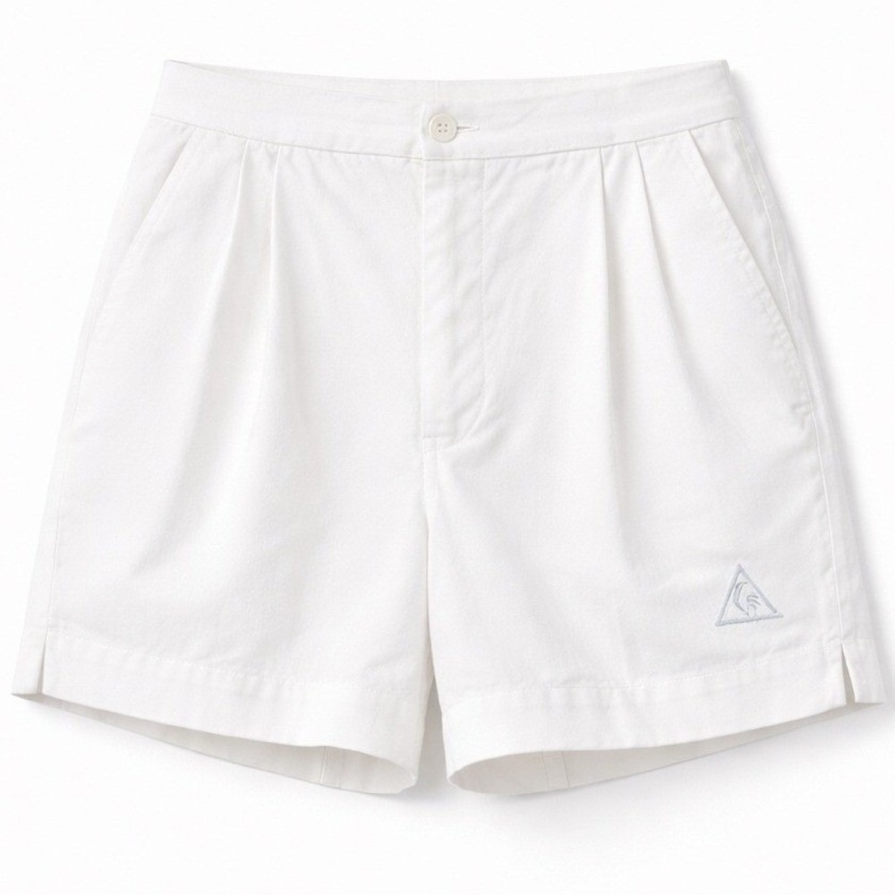 Le Coq Sportif Mens White Pleated Tennis Shorts Vintage Style Logo Cotton